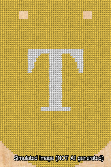 A simulated image of the stitched needlepoint design: Banner 13m Curved T White on Yellow. Not A.I. generated.