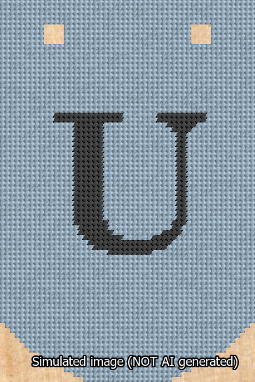 A simulated image of the stitched needlepoint design: Banner 13m Curved U Black on Light Blue. Not A.I. generated.