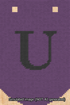 A simulated image of the stitched needlepoint design: Banner 13m Curved U Black on Purple. Not A.I. generated.