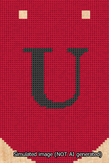 A simulated image of the stitched needlepoint design: Banner 13m Curved U Black on Red. Not A.I. generated.
