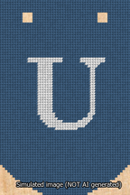 A simulated image of the stitched needlepoint design: Banner 13m Curved U White on Blue. Not A.I. generated.
