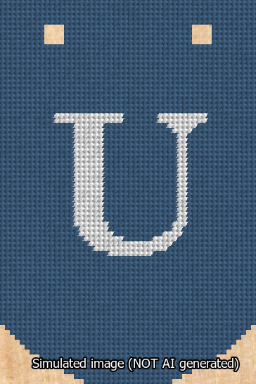 A simulated image of the stitched needlepoint design: Banner 13m Curved U White on Blue. Not A.I. generated.