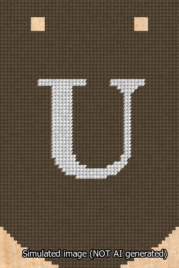 A simulated image of the stitched needlepoint design: Banner 13m Curved U White on Brown. Not A.I. generated.