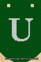 A simulated image of the stitched needlepoint design: Banner 13m Curved U White on Green. Not A.I. generated.