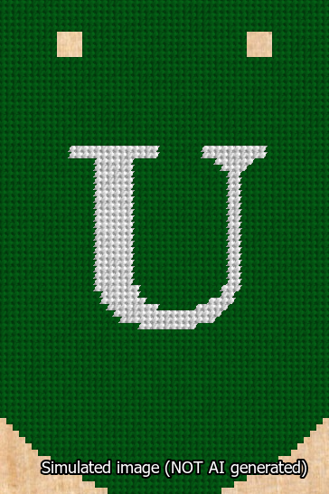 A simulated image of the stitched needlepoint design: Banner 13m Curved U White on Green. Not A.I. generated.