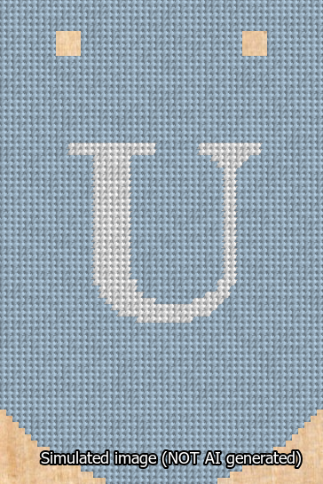 A simulated image of the stitched needlepoint design: Banner 13m Curved U White on Light Blue. Not A.I. generated.