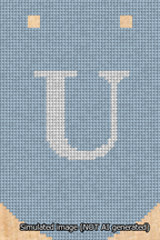 A simulated image of the stitched needlepoint design: Banner 13m Curved U White on Light Blue. Not A.I. generated.