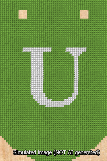 A simulated image of the stitched needlepoint design: Banner 13m Curved U White on Light Green. Not A.I. generated.