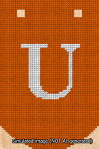 A simulated image of the stitched needlepoint design: Banner 13m Curved U White on Orange. Not A.I. generated.