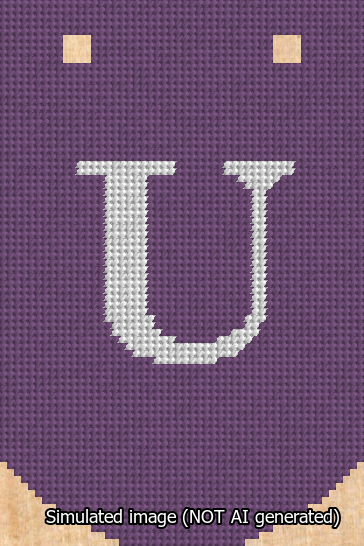 A simulated image of the stitched needlepoint design: Banner 13m Curved U White on Purple. Not A.I. generated.