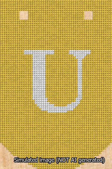 A simulated image of the stitched needlepoint design: Banner 13m Curved U White on Yellow. Not A.I. generated.