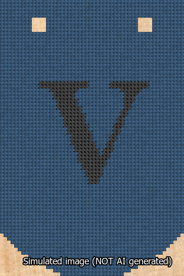 A simulated image of the stitched needlepoint design: Banner 13m Curved V Black on Blue. Not A.I. generated.