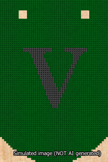 A simulated image of the stitched needlepoint design: Banner 13m Curved V Black on Green. Not A.I. generated.