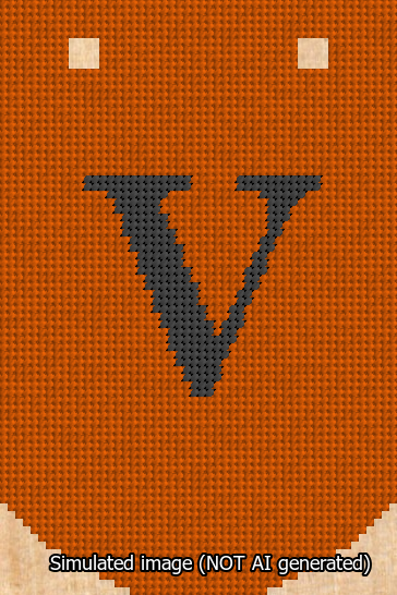 A simulated image of the stitched needlepoint design: Banner 13m Curved V Black on Orange. Not A.I. generated.