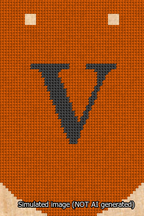 A simulated image of the stitched needlepoint design: Banner 13m Curved V Black on Orange. Not A.I. generated.