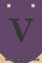 A simulated image of the stitched needlepoint design: Banner 13m Curved V Black on Purple. Not A.I. generated.
