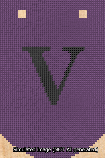 A simulated image of the stitched needlepoint design: Banner 13m Curved V Black on Purple. Not A.I. generated.