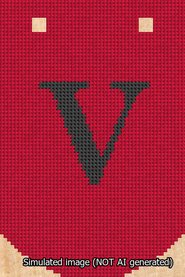 A simulated image of the stitched needlepoint design: Banner 13m Curved V Black on Red. Not A.I. generated.