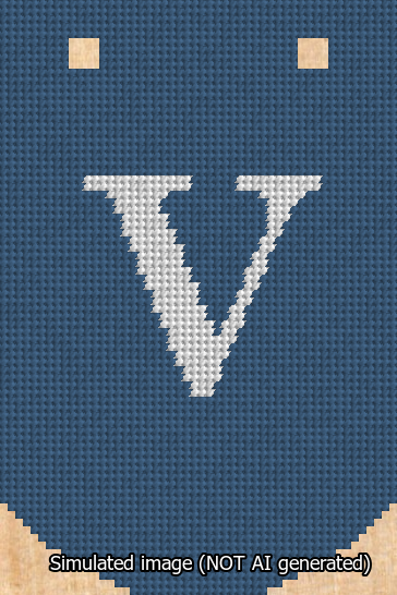 A simulated image of the stitched needlepoint design: Banner 13m Curved V White on Blue. Not A.I. generated.