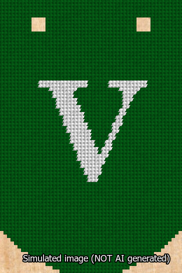 A simulated image of the stitched needlepoint design: Banner 13m Curved V White on Green. Not A.I. generated.