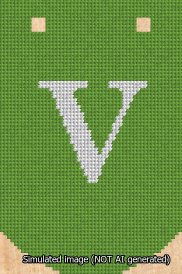 A simulated image of the stitched needlepoint design: Banner 13m Curved V White on Light Green. Not A.I. generated.