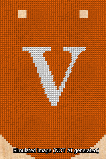 A simulated image of the stitched needlepoint design: Banner 13m Curved V White on Orange. Not A.I. generated.