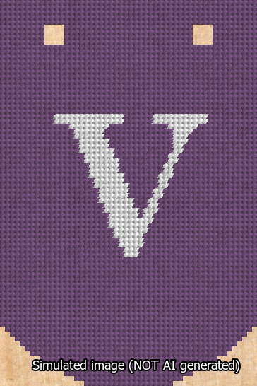 A simulated image of the stitched needlepoint design: Banner 13m Curved V White on Purple. Not A.I. generated.