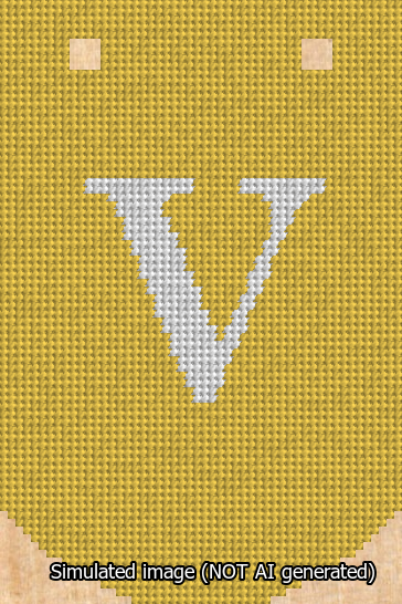 A simulated image of the stitched needlepoint design: Banner 13m Curved V White on Yellow. Not A.I. generated.