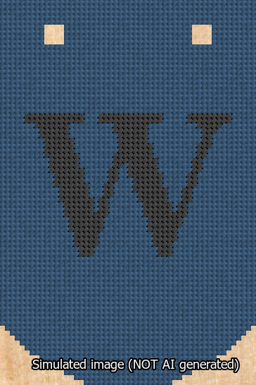 A simulated image of the stitched needlepoint design: Banner 13m Curved W Black on Blue. Not A.I. generated.