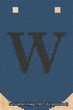 A simulated image of the stitched needlepoint design: Banner 13m Curved W Black on Blue. Not A.I. generated.