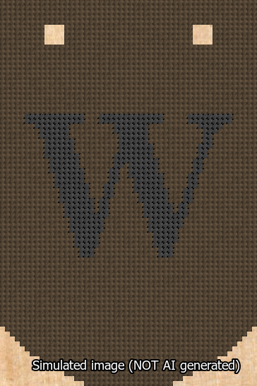 A simulated image of the stitched needlepoint design: Banner 13m Curved W Black on Brown. Not A.I. generated.