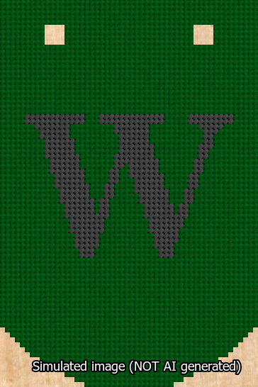 A simulated image of the stitched needlepoint design: Banner 13m Curved W Black on Green. Not A.I. generated.