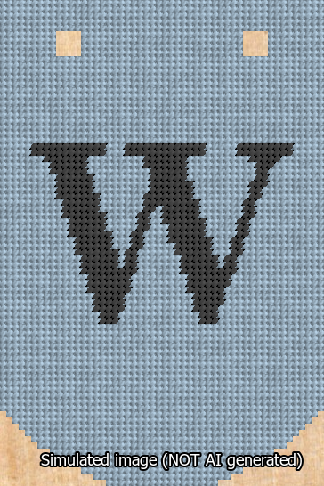 A simulated image of the stitched needlepoint design: Banner 13m Curved W Black on Light Blue. Not A.I. generated.