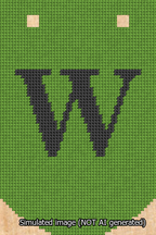 A simulated image of the stitched needlepoint design: Banner 13m Curved W Black on Light Green. Not A.I. generated.