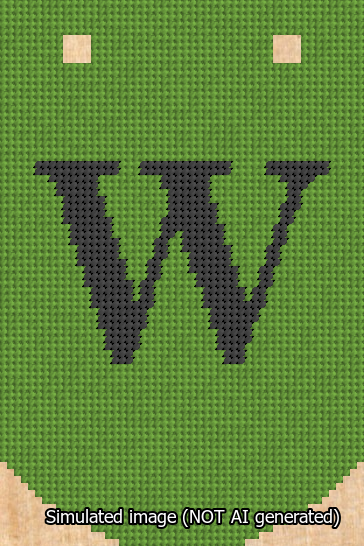 A simulated image of the stitched needlepoint design: Banner 13m Curved W Black on Light Green. Not A.I. generated.