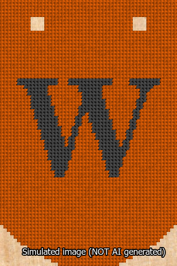 A simulated image of the stitched needlepoint design: Banner 13m Curved W Black on Orange. Not A.I. generated.