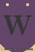 A simulated image of the stitched needlepoint design: Banner 13m Curved W Black on Purple. Not A.I. generated.