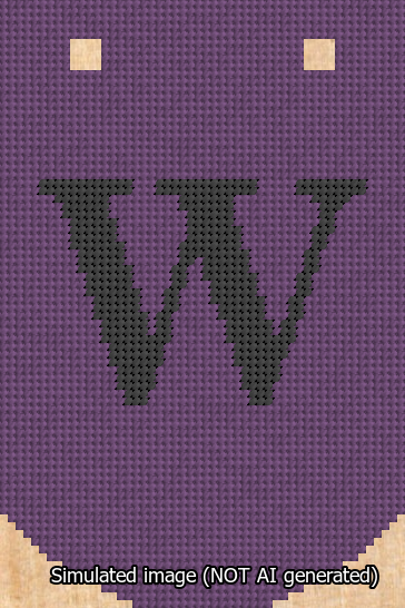 A simulated image of the stitched needlepoint design: Banner 13m Curved W Black on Purple. Not A.I. generated.
