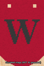 A simulated image of the stitched needlepoint design: Banner 13m Curved W Black on Red. Not A.I. generated.