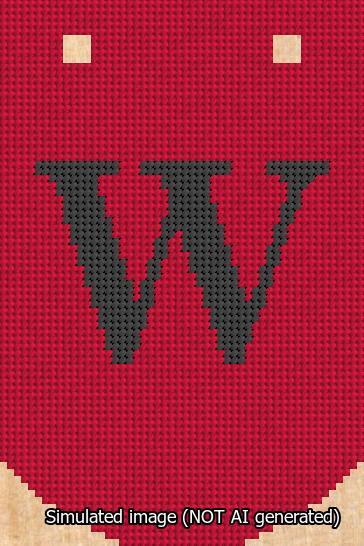 A simulated image of the stitched needlepoint design: Banner 13m Curved W Black on Red. Not A.I. generated.