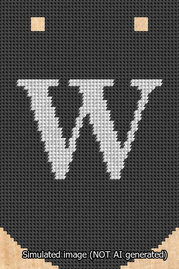 A simulated image of the stitched needlepoint design: Banner 13m Curved W White on Black. Not A.I. generated.