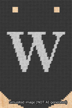 A simulated image of the stitched needlepoint design: Banner 13m Curved W White on Black. Not A.I. generated.