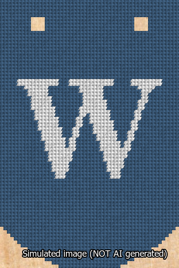 A simulated image of the stitched needlepoint design: Banner 13m Curved W White on Blue. Not A.I. generated.