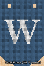 A simulated image of the stitched needlepoint design: Banner 13m Curved W White on Blue. Not A.I. generated.