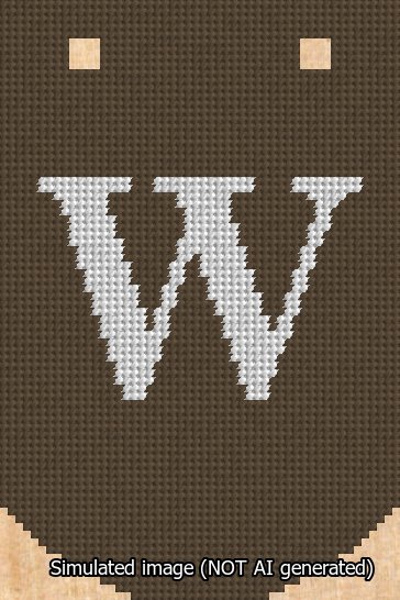 A simulated image of the stitched needlepoint design: Banner 13m Curved W White on Brown. Not A.I. generated.