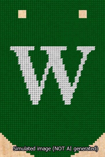 A simulated image of the stitched needlepoint design: Banner 13m Curved W White on Green. Not A.I. generated.