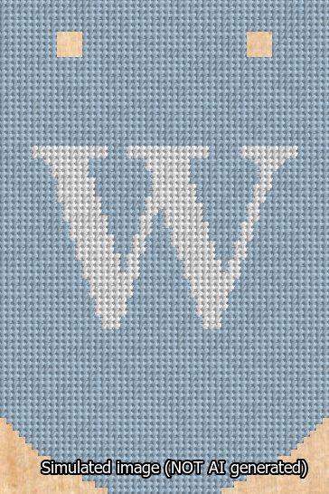 A simulated image of the stitched needlepoint design: Banner 13m Curved W White on Light Blue. Not A.I. generated.