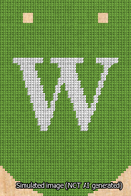 A simulated image of the stitched needlepoint design: Banner 13m Curved W White on Light Green. Not A.I. generated.