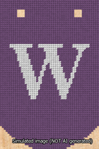 A simulated image of the stitched needlepoint design: Banner 13m Curved W White on Purple. Not A.I. generated.