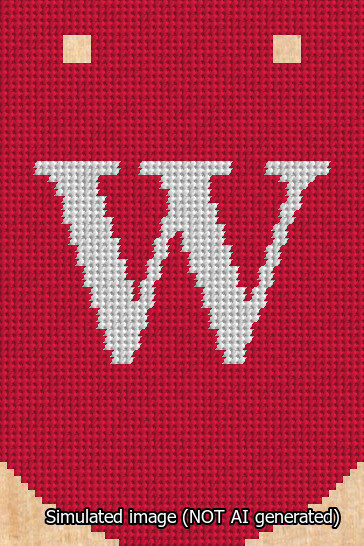 A simulated image of the stitched needlepoint design: Banner 13m Curved W White on Red. Not A.I. generated.